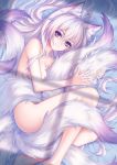  1girl absurdres animal_ear_fluff animal_ears bangs barefoot bed_sheet breasts cleavage closed_mouth eyebrows_visible_through_hair fox_ears fox_tail from_above hair_between_eyes highres kirby_d_a long_hair looking_at_viewer lying medium_breasts multiple_tails nude on_side original purple_eyes silver_hair smile solo tail very_long_hair 