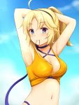  1girl armpits arms_behind_head bangs bikini bikini_top blonde_hair blue_eyes blue_ribbon blue_sky breasts choker cleavage closed_mouth collarbone day eyebrows_visible_through_hair hair_between_eyes highres kohagura_ellen long_hair looking_at_viewer medium_breasts mouth_hold natsu_(927013) navel outdoors ribbon sky smile solo summer swimsuit toji_no_miko tying_hair upper_body yellow_bikini 