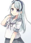  1girl absurdres bangs eyebrows_visible_through_hair grey_background grey_hair hairband highres kantai_collection kurasaki_cosmos long_hair pleated_skirt purple_eyes sagiri_(kantai_collection) sailor_collar school_uniform serafuku short_sleeves simple_background skirt smile solo twitter_username 