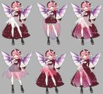  1girl alternate_costume asymmetrical_clothes bangs bird_wings boots bow costume_chart detached_sleeves dress eyebrows_visible_through_hair fingernails floral_print frilled_skirt frills gotoh510 grey_background hat highres long_fingernails looking_at_viewer mystia_lorelei nail_polish open_mouth outstretched_arm pink_eyes pink_hair red_dress ribbon see-through short_hair simple_background skirt smile solo standing touhou wings 
