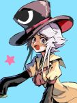  1other androgynous bow brown_coat coat grey_eyes grey_hair hat houlen_yabusame large_hat len&#039;en open_mouth short_hair short_hair_with_long_locks silver_yes_yes smile solo star top_hat 