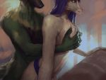  anthro blue_eyes blue_hair breast_grab breasts brown_body brown_fur buster_davison canid canine clothing duo female from_behind_position fur green_body green_fur hair hand_on_breast male male/female mammal onolyx sex underwear yvette_(fallout19980) 