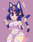  2020 animal_crossing ankha_(animal_crossing) anthro bandage blue_hair blush breasts clothed clothing digital_media_(artwork) domestic_cat egyptian felid feline felis female fluffysmolcloud fur hair hi_res mammal navel nintendo open_mouth simple_background solo uraeus video_games yellow_body 