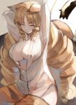  1girl animal_ears arknights arms_up blonde_hair breasts cleavage closed_eyes dress_shirt drill_hair highres large_breasts long_hair long_sleeves no_bra ryuuji_teitoku shirt sketch solo stretch swire_(arknights) tail tiger_ears tiger_girl tiger_tail twin_drills v-shaped_eyebrows very_long_hair white_shirt 