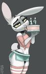  2020 absurd_res anthro birthday birthday_cake buckteeth bulge cake choker clothed clothing crossdressing food girly grey_background grey_eyes hi_res jewelry lagomorph legwear leporid licking looking_at_viewer male mammal midriff navel necklace pattern_clothing pattern_legwear rabbit scut_tail signature simple_background socks solo striped_clothing striped_legwear striped_socks stripes teeth texi_(yitexity) thigh_highs thigh_socks tongue tongue_out white_background yellow_sclera yitexity 