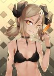  1girl aoi_tsunami arknights bare_arms bare_shoulders black_bra black_choker bra breasts choker collarbone commentary grey_hair grin hair_between_eyes hand_up head_tilt highres holding horns ifrit_(arknights) looking_at_viewer nail_polish orange_eyes orange_nails ore_lesion_(arknights) revision short_hair sidelocks small_breasts smile solo stomach underwear upper_body wristband 
