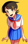  1girl :d arms_at_sides backlighting black_eyes black_hair blue_sailor_collar blue_skirt blush cowboy_shot eyebrows_visible_through_hair fingernails fuura_kafuka hair_between_eyes hair_ornament hairclip happy leaning leaning_to_the_side legs_together looking_to_the_side neckerchief open_mouth orenji_iro pleated_skirt red_neckwear sailor_collar sayonara_zetsubou_sensei school_uniform shaded_face shirt short_hair simple_background skirt smile solo standing teeth tongue uniform upper_teeth white_shirt x_hair_ornament yellow_background 