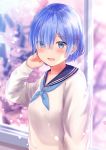  1girl :d absurdres backlighting blue_eyes blue_hair blue_neckwear blue_sailor_collar blurry blurry_background blush cherry_blossoms collarbone eyebrows_visible_through_hair hair_over_one_eye hair_ribbon hand_in_hair highres indoors long_sleeves looking_at_viewer open_mouth pink_ribbon re:zero_kara_hajimeru_isekai_seikatsu rem_(re:zero) ribbon sailor_collar shiny shiny_hair short_hair smile solo sunlight sweater umineco_1 upper_body white_sweater 