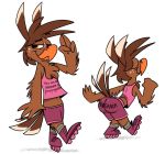  2019 anthro avian beak bird bottomwear brown_body brown_feathers butt cheek_tuft chest_tuft clothing facial_tuft feather_hair feather_hands feathers freckles girly lidded_eyes male orange_eyes piemations pink_clothing pretzel_(piemations) pseudo_hair rollerskates seductive shirt shorts simple_background smile solo tail_feathers tank_top text_on_clothing text_on_shirt topwear tuft white_background 