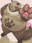  2020 anthro belly blush brown_body brown_fur canid canine cute_fangs eaka fur hi_res kemono male mammal moobs overweight overweight_male raccoon_dog simple_background solo tanuki 