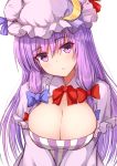  1girl absurdres bangs blue_ribbon blush bow bowtie breasts cleavage commentary_request dress eyebrows_visible_through_hair hair_between_eyes hair_bow hat hat_ribbon head_tilt highres large_breasts long_hair looking_at_viewer mob_cap patchouli_knowledge purple_dress purple_eyes purple_hair purple_headwear red_bow red_neckwear red_ribbon ribbon simple_background solo tksand touhou upper_body white_background 