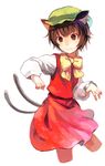  animal_ears bad_id bad_pixiv_id brown_eyes brown_hair cat_ears cat_tail chen earrings hat jewelry masturi multiple_tails solo tail touhou 