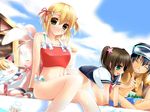  2girls all_fours bad_id bad_pixiv_id bikini bikini_under_clothes blonde_hair brown_eyes bunny cat closed_eyes cloud day diving_mask green_eyes grin hair_ornament highres light_smile midriff multiple_girls no_pants one-piece_swimsuit outdoors paper_man pool poolside school_swimsuit school_uniform serafuku short_hair smile star star_hair_ornament swimsuit swimsuit_under_clothes tankini twintails uya_(munyu) 