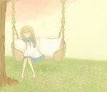  bad_id bad_pixiv_id barefoot blonde_hair cherry_blossoms closed_eyes copyright_request dress flower grass leaning long_hair patio_swing petals sleeping solo swing tokoyu tree 