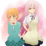  1girl apron blush couple crossdressing hair_ornament hairpin hetero inami_mahiru long_hair orange_eyes orange_hair otoko_no_ko pink_hair red_eyes school_uniform short_hair takanashi_kotori takanashi_souta tenjou_ryuka waitress wig working!! 