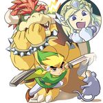 1girl bad_id bad_pixiv_id battle black_eyes blonde_hair bowser company_connection crossover gameplay_mechanics gloves holding holding_sword holding_weapon horns left-handed link mario_(series) masa_(bowser) mouse pointy_ears possessed princess_zelda red_hair scared shield super_mario_bros. sweatdrop sword the_legend_of_zelda the_legend_of_zelda:_spirit_tracks toon_link weapon 