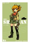  acea4 ascot boots caterpillar_tracks gloves ground_vehicle m4_sherman m4_sherman_(personification) mecha_musume medium_tank military military_vehicle motor_vehicle orange_hair original short_hair skirt slingshot solo tank thighhighs world_war_ii 