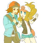  1girl bad_id bad_pixiv_id bag baseball_cap blue_eyes blush brown_hair denim hat long_hair nimu1796 pokemon pokemon_(game) pokemon_bw ponytail shorts sweatdrop touko_(pokemon) touya_(pokemon) vest wristband 