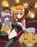  blue_eyes blush food_themed_hair_ornament fuyou_kaede hair_ornament hair_ribbon hairband halloween hat horns jack-o'-lantern multiple_girls orange_hair paopa_ship primula pumpkin pumpkin_hair_ornament purple_eyes purple_hair ribbon shuffle! witch_hat 