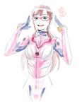  &gt;_&lt; :d ammi aqua_eyes arms_up blush bodysuit brown_hair closed_eyes evangelion:_2.0_you_can_(not)_advance glasses hairband long_hair makinami_mari_illustrious neon_genesis_evangelion open_mouth pink_bodysuit plugsuit rebuild_of_evangelion simple_background smile solo twintails xd 