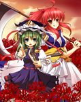  ahoge blue_eyes breasts cleavage flower green_hair grin hair_bobbles hair_ornament hat highres large_breasts multiple_girls onozuka_komachi red_eyes red_hair rod_of_remorse rokutelie scythe shiki_eiki short_hair smile touhou two_side_up 