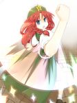  blue_eyes braid chinese_clothes clenched_hand foreshortening hands hat highres hong_meiling long_hair punching red_hair riwon_(junpei0122) shoes socks solo star touhou twin_braids 