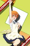  apron arm_up armpits blush flat_chest hair_ornament hairclip hairpin highres inami_mahiru open_mouth orange_eyes orange_hair punching short_hair shouryuuken skirt socks solo uppercut waitress working!! yokoshima_(euphoria) 