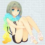  argyle argyle_background ayamiya_fumi bad_id bad_pixiv_id banned_artist barefoot blue_eyes feet flower green_hair leg_hug legs lips nail_polish original pink_nails short_hair shorts sitting solo suspenders toeless_legwear toenail_polish toes topless 