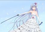  angel_beats! bad_id bad_pixiv_id bare_shoulders blue_hair bride dress elbow_gloves feathers flower gloves hair_flower hair_ornament hair_ribbon katana long_hair noron open_mouth ribbon scabbard sheath skirt solo sword tenshi_(angel_beats!) weapon wedding_dress yellow_eyes 