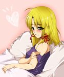  bad_id bad_pixiv_id bed blonde_hair blush come_hither hair_ornament ifuji_sakura moriya_suwako naughty_face off_shoulder pillow seductive_smile smile solo touhou 