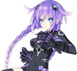  &gt;:( bangs black_legwear blue_eyes blush braid breasts choujigen_game_neptune claws cleavage_cutout covered_navel cowboy_shot fighting_stance frown gauntlets hair_ornament leotard long_hair long_sleeves magical_girl medium_breasts neon_trim neptune_(series) official_art power_symbol purple_hair purple_heart solo symbol-shaped_pupils thighhighs transparent_background tsunako turtleneck twin_braids v-shaped_eyebrows very_long_hair 