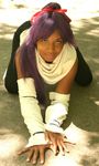  airbrushed all_fours bare_shoulders bleach cosplay dark_skin elbow_gloves gloves justnivi long_hair looking_at_viewer non-asian photo ponytail pose purple_hair real scarf shihouin_yoruichi smile spandex 
