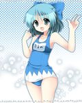  adapted_costume bad_id bad_pixiv_id blue_eyes blue_hair blush bow cirno hair_bow highres name_tag one-piece_swimsuit oniku_(shimofuri-ke) school_swimsuit simple_background smile solo swimsuit tareme touhou translated v 