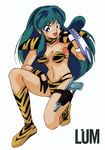  absurdres bikini bra breasts female green_hair highres horns legs lingerie long_hair lum oni simple_background smile solo swimsuit thighs underwear urusei_yatsura white_background 