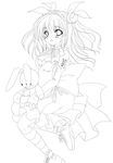  :o alto_seneka blush breasts cleavage doll doll_hug double_bun elbow_gloves gloves greyscale highres lineart long_hair looking_at_viewer medium_breasts monochrome open_mouth original socks solo striped striped_legwear stuffed_animal stuffed_bunny stuffed_toy 