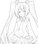  blush closed_eyes detached_sleeves greyscale hatsune_miku headset lineart long_hair monochrome necktie skirt smile solo twintails velpaw very_long_hair vocaloid 