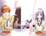  angel_beats! blush food gray_hair long_hair orange_eyes orange_hair otonashi_yuzuru short_hair tachibana_kaede yellow_eyes 