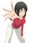  black_hair blue_eyes casual foreshortening hands leaning_forward ribonzu shirafuji_kyouko short_hair solo working!! 