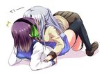  2girls angel_beats! girl_on_top gradient_hair half_updo kiss long_hair masayu multicolored_hair multiple_girls purple_hair school_uniform short_hair silver_hair skirt socks surprised tenshi_(angel_beats!) thighhighs yuri yuri_(angel_beats!) 