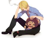  antlers blonde_hair cigarette hat highres male_focus nayu one_piece sanji simple_background tony_tony_chopper 