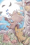  cloud diglett full_moon gen_1_pokemon gen_2_pokemon guitar instrument meowth moon musical_note no_humans oda_takashi pikachu pokemon pokemon_(creature) sentret sleeping tree zzz 