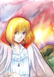  autumn_sacura blonde_hair blue_eyes cape ghibli howl howl's_moving_castle howl_no_ugoku_shiro male necklace solo traditional_media 