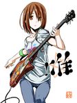  breasts brown_eyes brown_hair cable casual denim guitar himura_kiseki hirasawa_yui holding holding_instrument instrument jeans k-on! listen!! looking_at_viewer medium_breasts pants plectrum shirt short_hair short_sleeves simple_background solo white_background 