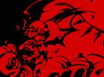  ascot bat_wings flandre_scarlet hair_over_one_eye hand_on_shoulder hat high_contrast meeko monochrome petals red red_background remilia_scarlet siblings sisters solo_focus touhou wings 