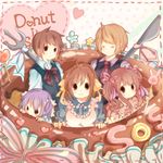  3girls :3 asahina_mikuru brown_eyes brown_hair doughnut dress food fork hairband kanamori_mao knife koizumi_itsuki kyon long_hair mouth_hold multiple_boys multiple_girls nagato_yuki purple_hair short_hair suzumiya_haruhi suzumiya_haruhi_no_yuuutsu twintails 