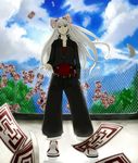  alternate_costume bad_id bad_pixiv_id casual chain-link_fence contemporary day fence fujiwara_no_mokou jacket kenka ofuda outdoors pants red_eyes ribbon shoes sneakers solo touhou tree white_hair 