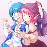  animal_ears blue_eyes blue_hair blush breast_grab breasts closed_eyes des grabbing groping hat multiple_girls mystia_lorelei navel pink_hair short_hair small_breasts smile tatara_kogasa touhou wince wings you_gonna_get_raped yuri 