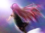  bad_id bad_pixiv_id black_legwear boots dress from_behind headset highres lens_flare long_hair megurine_luka pink_hair raisu solo spotlight thighhighs very_long_hair vocaloid zettai_ryouiki 