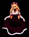  anna_(or) blonde_hair breasts choker cleavage curtsey dress dress_lift drill_hair elbow_gloves gap gloves hat hat_ribbon large_breasts lips long_hair red_eyes ribbon solo touhou yakumo_yukari 