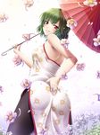  ass bad_id bad_pixiv_id bare_shoulders breasts china_dress chinese_clothes dress floral_print flower green_hair grin hand_on_own_ass highres kazami_yuuka looking_back mochi.f oriental_umbrella pantyhose petals raised_eyebrow red_eyes short_hair smile smirk solo touhou umbrella 